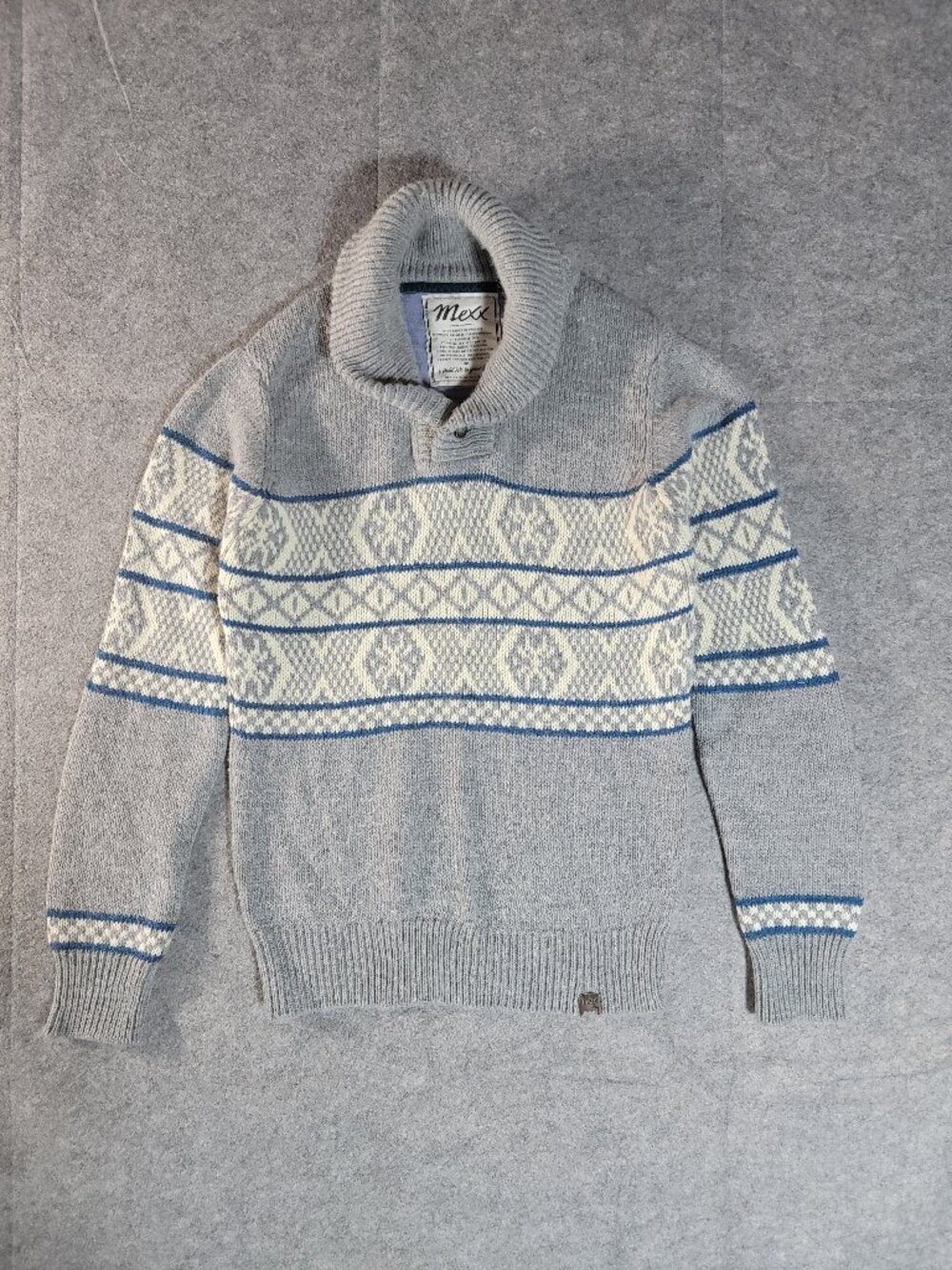 Mexx Italy Made Fair Isle Nordic Shawl Collar Knit Sweater Grey Blue Mens XS